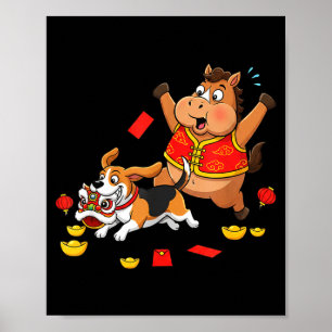 Póster Perro de Sabueso de Caballo Chino Divertido Feliz 
