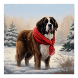 Póster Perro de San Bernardo en Navidades de Nieve