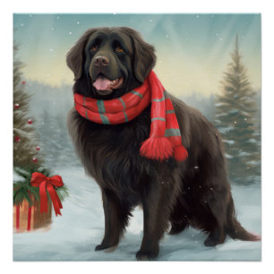 Póster Perro de Terranova en Navidades de nieve