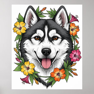 Póster Perro de Trineo Husky y Flores Coloridas de Mirabl