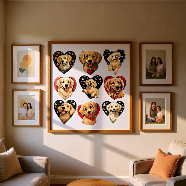 Póster Perro de Valentine Golden Retriever (Valentine Golden Retriever Hearts Wall Art Poster)