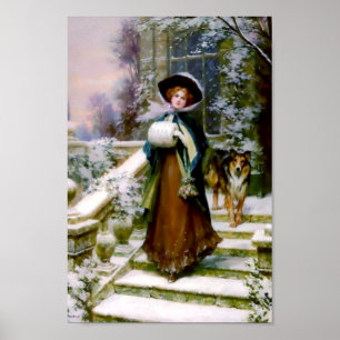 Póster Perro del collie de la mujer del invierno