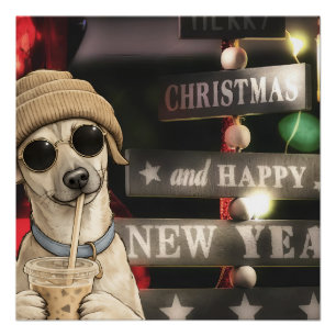 Póster Perro divertido de Navidad bebiendo té de burbujas