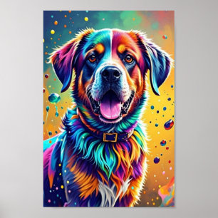 Póster Perro divertido juguetón feliz gigante colorido, s