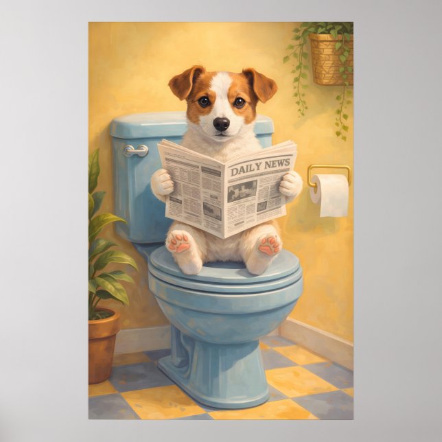 Póster Perro Divertido Leyendo Cartel de Baño, Humorístic (Frente)