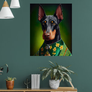 Póster Perro Doberman con vestido del día de San Patricio