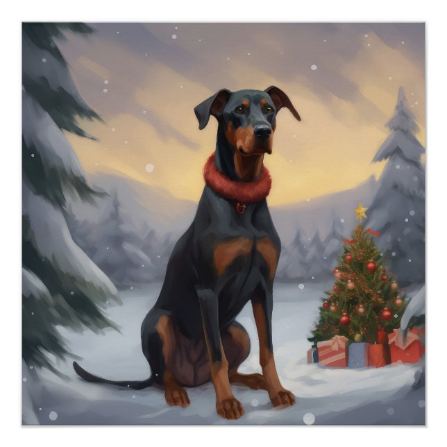 Póster Perro Doberman en Navidad con Nieve (Anverso)