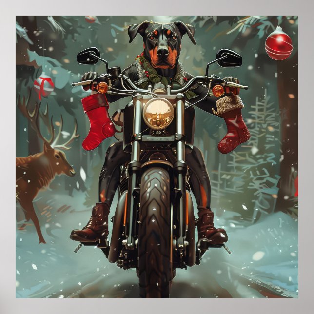 Póster Perro Doberman montando motocicleta en Navidad (Frente)