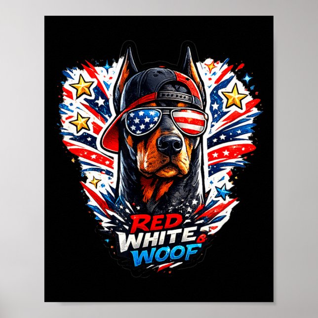 Póster Perro doberman pinscher divertido rojo blanco y gu (Frente)