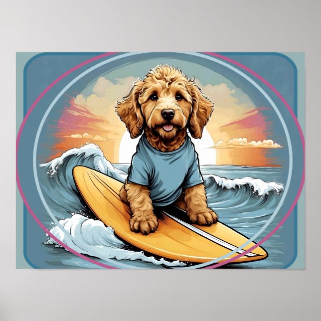 Póster Perro Doodle Surfando (Frente)