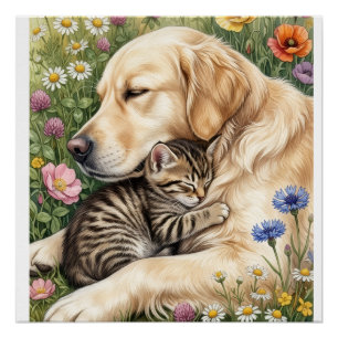Póster Perro Dorado Lindo y Gatito en Flores Manta de Fel