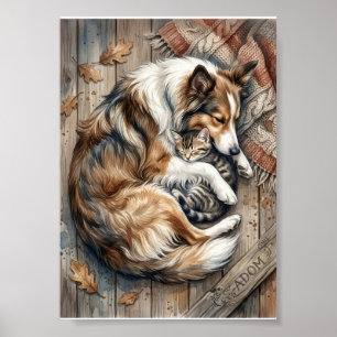 Póster Perro Dormido Y Gato Acurrucándose Fondo De Madera