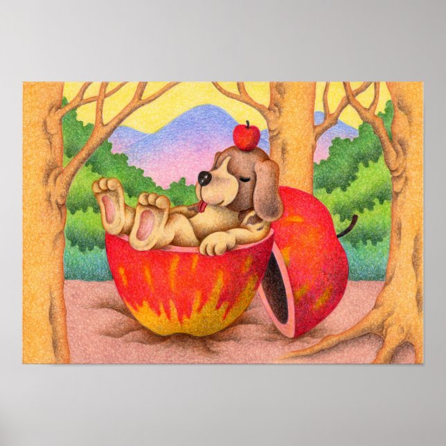 Póster Perro durmiendo en una cama de manzana (Frente)