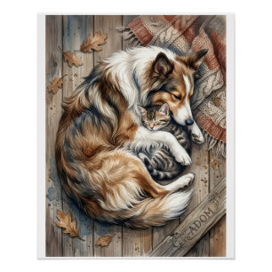 Póster Perro Durmiendo Y Gato Acurrucándose Con Fondo De