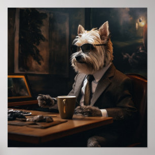 Póster Perro elegante en un Poster de café con alcohol