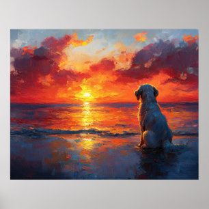 Póster Perro en la playa viendo la puesta de sol