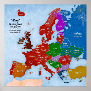 Póster Perro en poster europeo del mapa de las idiomas
