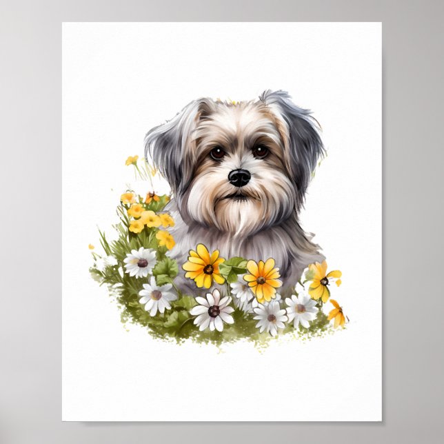 Póster Perro en un jardín de flores (Frente)