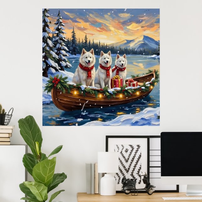 Póster Perro Eskimo Americano Blanco Navidad Barco Fiesta (Oficina en casa)