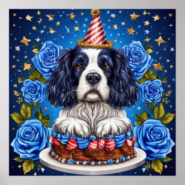 Póster Perro español celebrando cumpleaños con Gorra fest