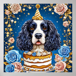 Póster Perro español celebrando cumpleaños con pastel