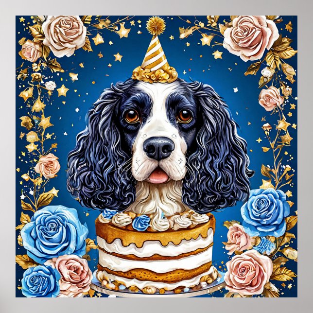 Póster Perro español celebrando cumpleaños con pastel (Frente)