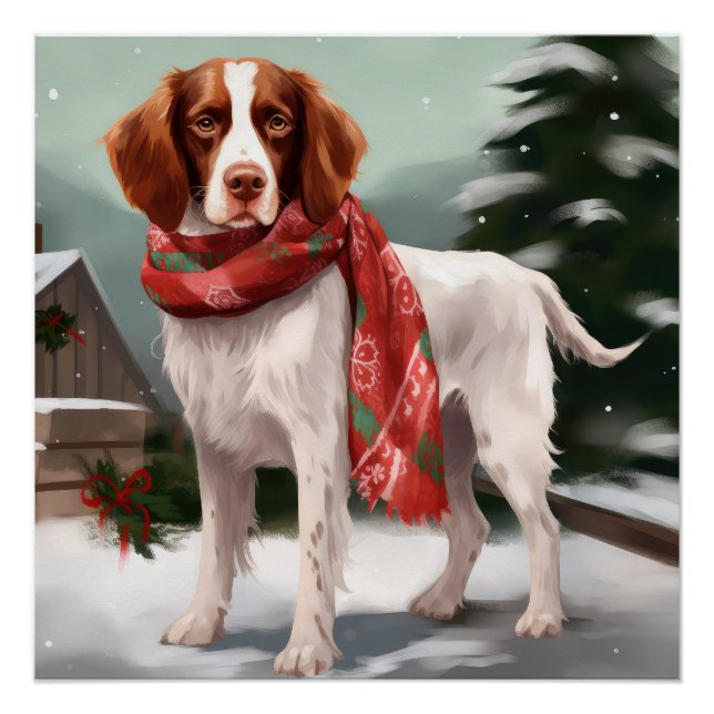 Póster Perro español de Bretaña en Navidades de nieve (Anverso)