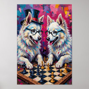 Póster Perro Esquimal Americano Ajedrez Pop Art, Divertid