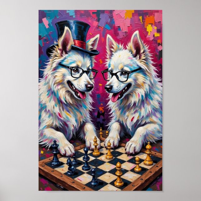Póster Perro Esquimal Americano Ajedrez Pop Art, Divertid (Frente)