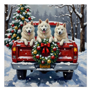 Póster Perro Esquimal Americano Camión Rojo Navidad Fiest
