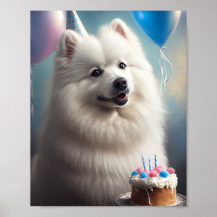Póster perro esquimal americano con globos cumpleaños
