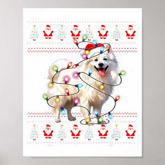 Póster Perro Esquimal Americano Jersey Feo Luces de Navid (Frente)