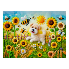 Póster Perro felino con abejas en un jardín de girasoles