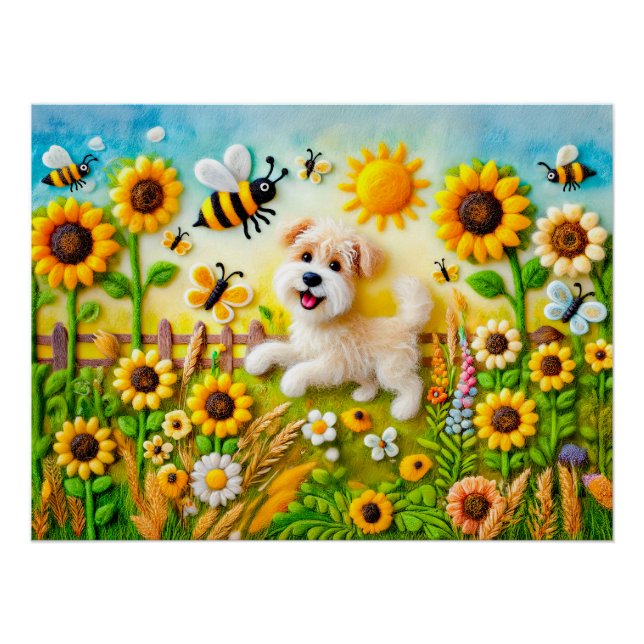 Póster Perro felino con abejas en un jardín de girasoles (Anverso)