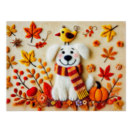 Póster Perro felino con hojas de otoño y un pájaro