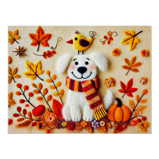 Póster Perro felino con hojas de otoño y un pájaro (Anverso)