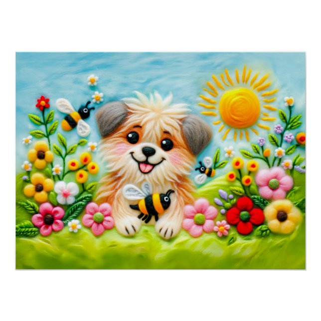Póster Perro felino en un jardín floreciente con abejas (Anverso)