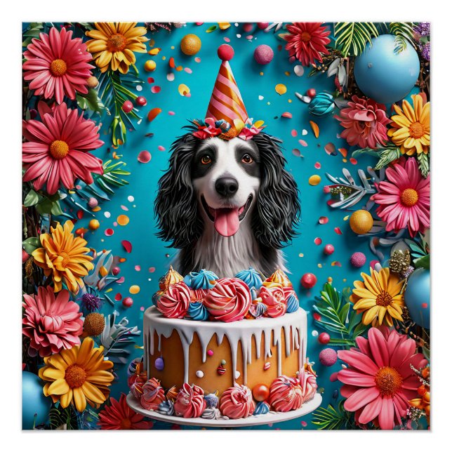 Póster Perro feliz celebrando el cumpleaños con un pastel (Anverso)