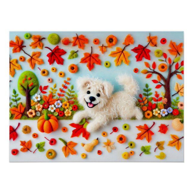 Póster Perro Felt jugando en un jardín otoñal (Anverso)