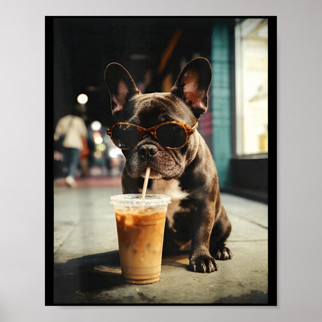 Póster Perro francés divertido bebiendo café helado perro (Frente)
