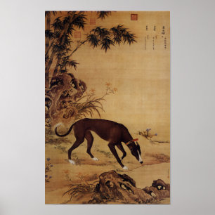 Póster Perro Galgo Negro Vintage y Flores Rosadas