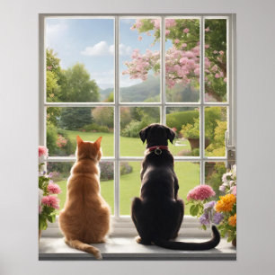 Póster Perro gato mirando por la ventana