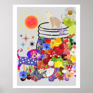 Póster perro, gato y frutas y flores
