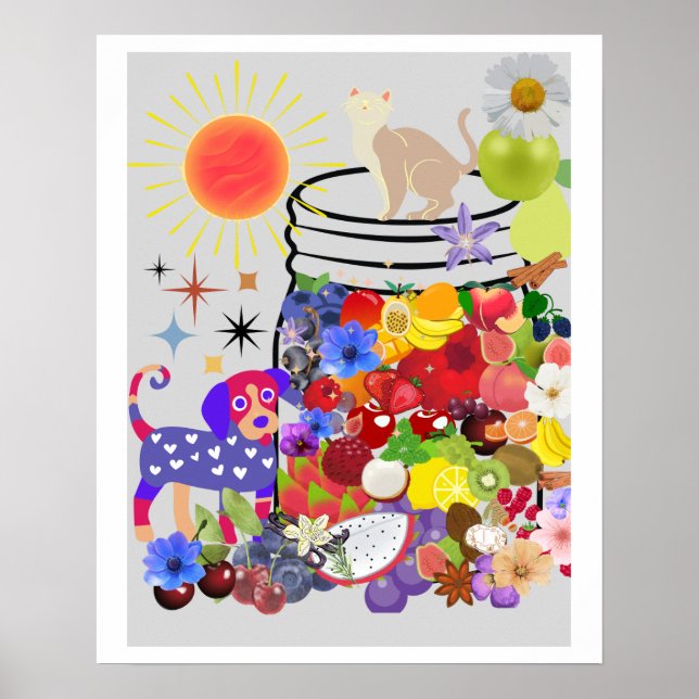 Póster perro, gato y frutas y flores (Frente)