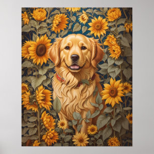 Póster Perro Golden Retriever En El Campo Del Girasol