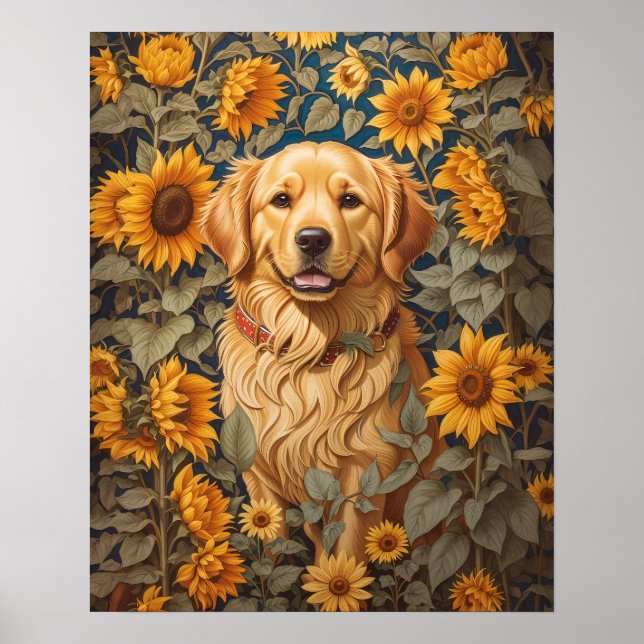 Póster Perro Golden Retriever En El Campo Del Girasol (Frente)
