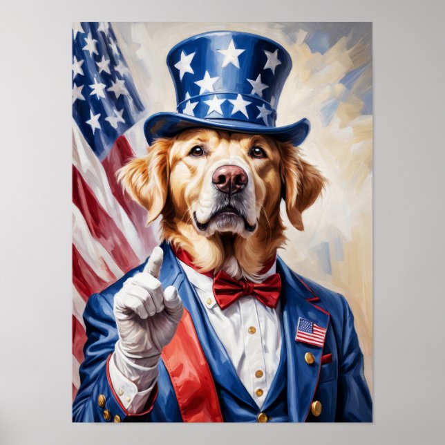 Póster Perro Golden Retriever Patriótico en pose de Tío S (Frente)