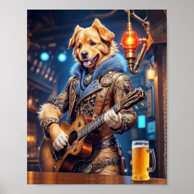 Póster Perro golden retriever steampunk con guitarra acús (Frente)