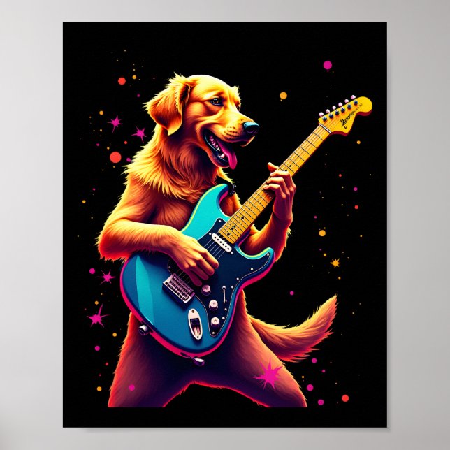 Póster Perro Golden Retriever tocando Rock con Guitarra E (Frente)