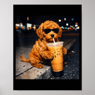 Póster Perro goldendoodle bebiendo café helado divertido
